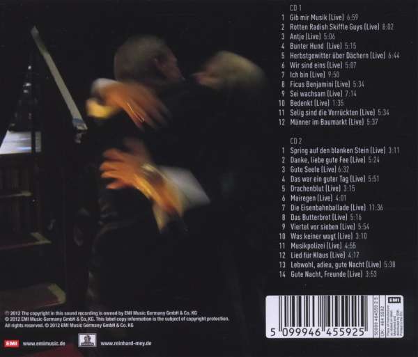 Reinhard Mey: Gib mir Musik (Live-Album zur Mairegen-Tournee 2011), 2 CDs (Rückseite)
